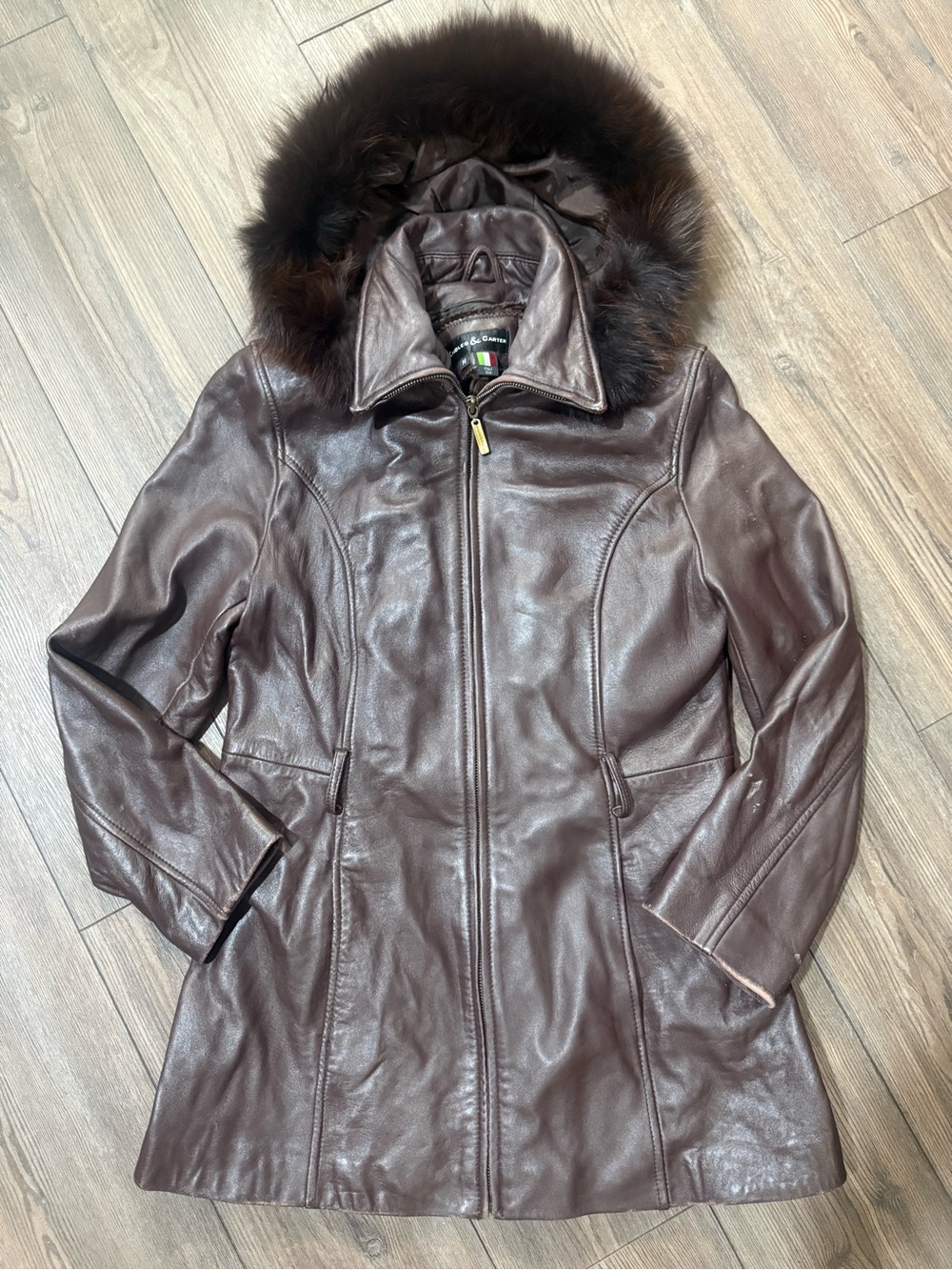 Knowles & Carter Made In Italy Brown Genuine Leather Coat Fur Hood Jacket Medium